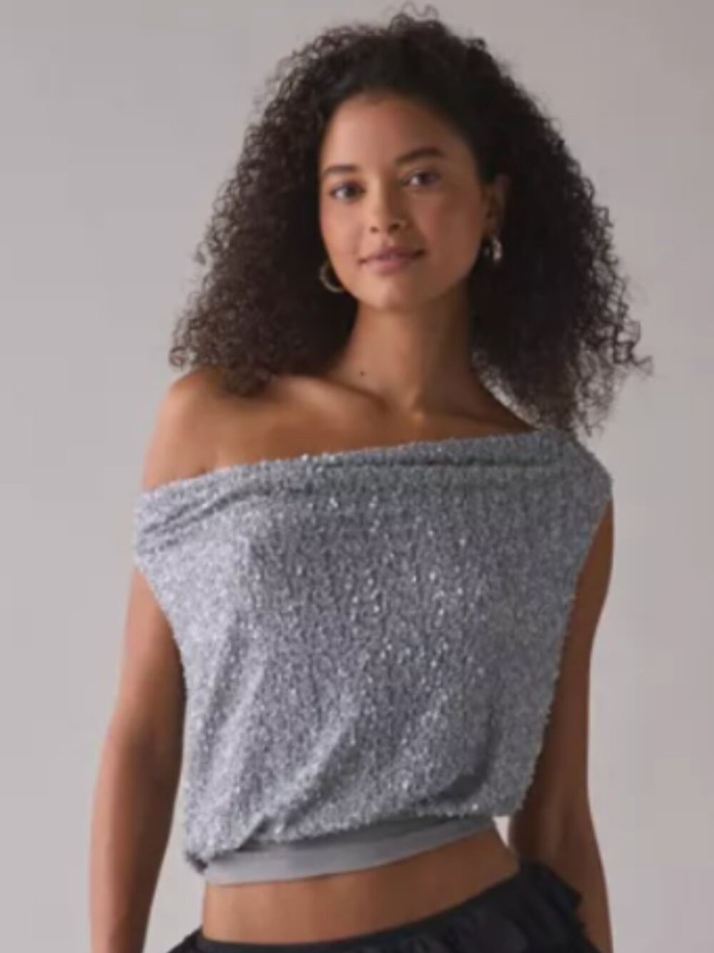 Urban Outfitters Alix Asymmetric Off-The-Shoulder Ruched Sequin Crop Top